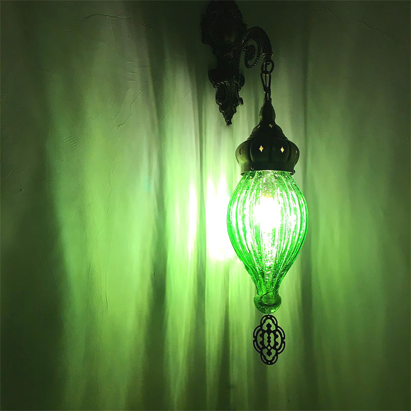Traditional Teardrop Sconce Black/White/Light Blue Glass 1 Head Wall Mounted Lamp with Carved Metal Arm Green Clearhalo 'Wall Lamps & Sconces' 'Wall Lights' Lighting' 258632