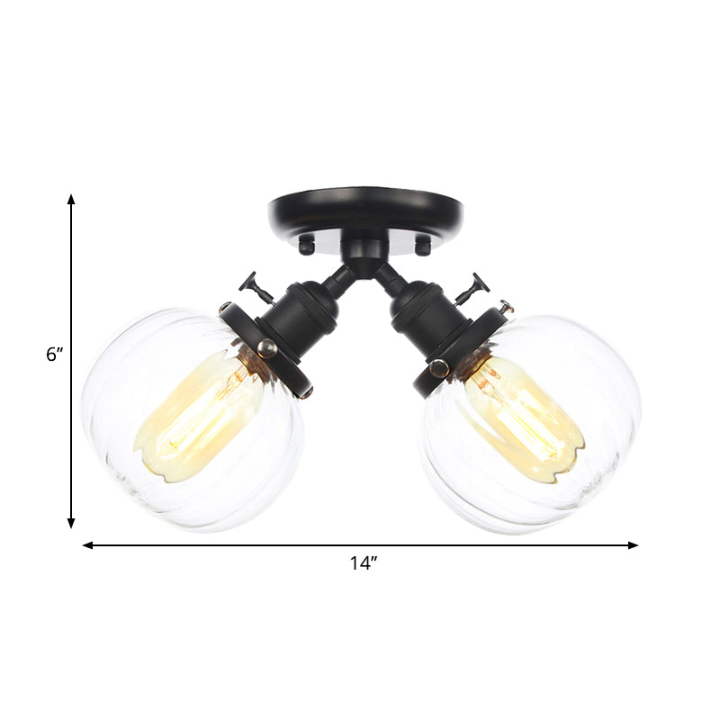 Amber/Clear Glass Ball Semi Flush Pendant Light Industrial Style 2 Heads Black/Bronze Ceiling Mounted Lamp for Restaurant Clearhalo 'Ceiling Lights' 'Close To Ceiling Lights' 'Close to ceiling' 'Glass shade' 'Glass' 'Semi-flushmount' Lighting' 258757