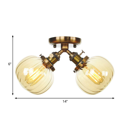 Amber/Clear Glass Ball Semi Flush Pendant Light Industrial Style 2 Heads Black/Bronze Ceiling Mounted Lamp for Restaurant Clearhalo 'Ceiling Lights' 'Close To Ceiling Lights' 'Close to ceiling' 'Glass shade' 'Glass' 'Semi-flushmount' Lighting' 258762