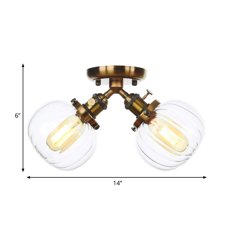 Amber/Clear Glass Ball Semi Flush Pendant Light Industrial Style 2 Heads Black/Bronze Ceiling Mounted Lamp for Restaurant Clearhalo 'Ceiling Lights' 'Close To Ceiling Lights' 'Close to ceiling' 'Glass shade' 'Glass' 'Semi-flushmount' Lighting' 258763