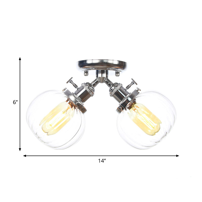 Amber/Clear Glass Ball Semi Flush Pendant Light Industrial Style 2 Heads Black/Bronze Ceiling Mounted Lamp for Restaurant Clearhalo 'Ceiling Lights' 'Close To Ceiling Lights' 'Close to ceiling' 'Glass shade' 'Glass' 'Semi-flushmount' Lighting' 258768