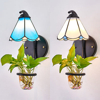1 Heads Wall Mounted Light Tiffany Flower Blue/White Glass Sconce Light Fixture with Plant Decoration Clearhalo 'Industrial' 'Middle century wall lights' 'Tiffany wall lights' 'Tiffany' 'Wall Lamps & Sconces' 'Wall Lights' Lighting' 25877