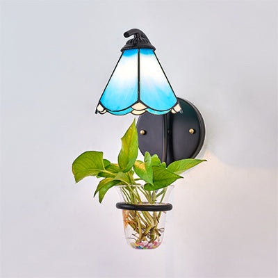 1 Heads Wall Mounted Light Tiffany Flower Blue/White Glass Sconce Light Fixture with Plant Decoration Clearhalo 'Industrial' 'Middle century wall lights' 'Tiffany wall lights' 'Tiffany' 'Wall Lamps & Sconces' 'Wall Lights' Lighting' 25878