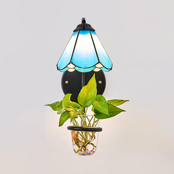 1 Heads Wall Mounted Light Tiffany Flower Blue/White Glass Sconce Light Fixture with Plant Decoration Clearhalo 'Industrial' 'Middle century wall lights' 'Tiffany wall lights' 'Tiffany' 'Wall Lamps & Sconces' 'Wall Lights' Lighting' 25879