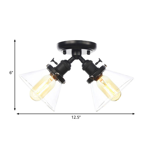 2 Heads Restaurant Ceiling Light Fixture Vintage Style Black/Bronze Semi Flush Mount Light with Conic Amber/Clear Glass Shade Clearhalo 'Ceiling Lights' 'Chandeliers' 'Close To Ceiling Lights' 'Close to ceiling' 'Glass shade' 'Glass' 'Semi-flushmount' Lighting' 258793