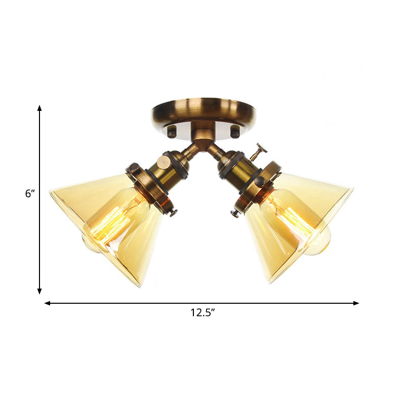 2 Heads Restaurant Ceiling Light Fixture Vintage Style Black/Bronze Semi Flush Mount Light with Conic Amber/Clear Glass Shade Clearhalo 'Ceiling Lights' 'Chandeliers' 'Close To Ceiling Lights' 'Close to ceiling' 'Glass shade' 'Glass' 'Semi-flushmount' Lighting' 258798