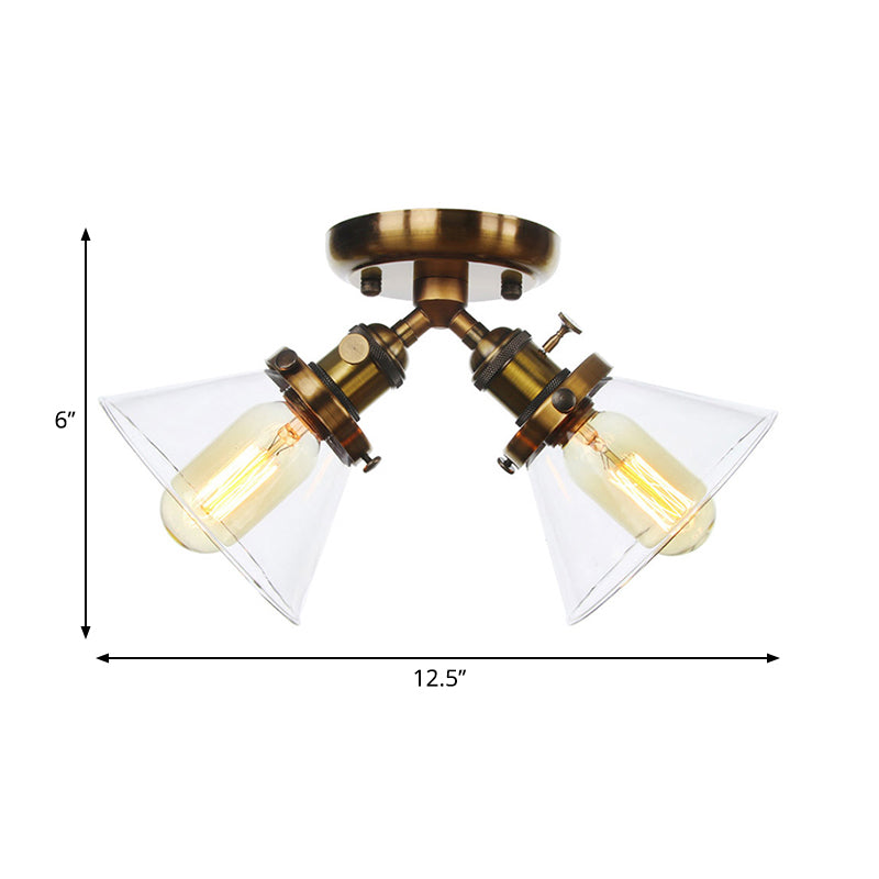 2 Heads Restaurant Ceiling Light Fixture Vintage Style Black/Bronze Semi Flush Mount Light with Conic Amber/Clear Glass Shade Clearhalo 'Ceiling Lights' 'Chandeliers' 'Close To Ceiling Lights' 'Close to ceiling' 'Glass shade' 'Glass' 'Semi-flushmount' Lighting' 258799