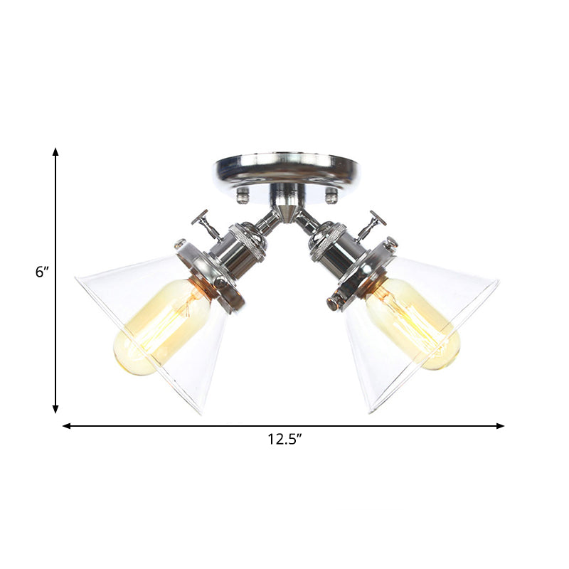 2 Heads Restaurant Ceiling Light Fixture Vintage Style Black/Bronze Semi Flush Mount Light with Conic Amber/Clear Glass Shade Clearhalo 'Ceiling Lights' 'Chandeliers' 'Close To Ceiling Lights' 'Close to ceiling' 'Glass shade' 'Glass' 'Semi-flushmount' Lighting' 258804
