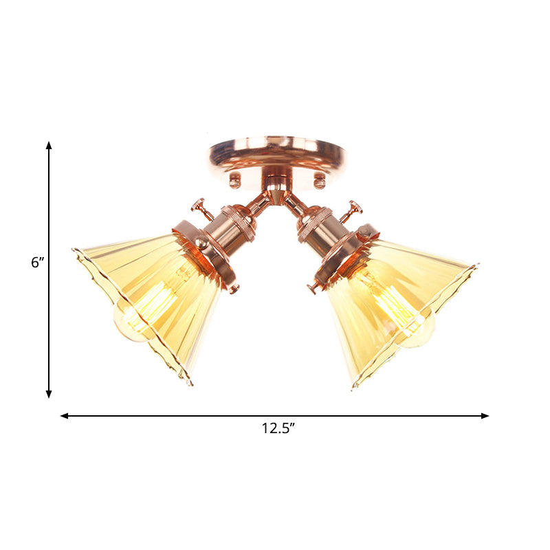 Cone Shade Bedroom Semi Mount Lighting Amber/Clear Glass 2 Heads Industrial Stylish Ceiling Flush Mount in Black/Bronze Clearhalo 'Ceiling Lights' 'Close To Ceiling Lights' 'Close to ceiling' 'Glass shade' 'Glass' 'Pendant Lights' 'Semi-flushmount' Lighting' 258806