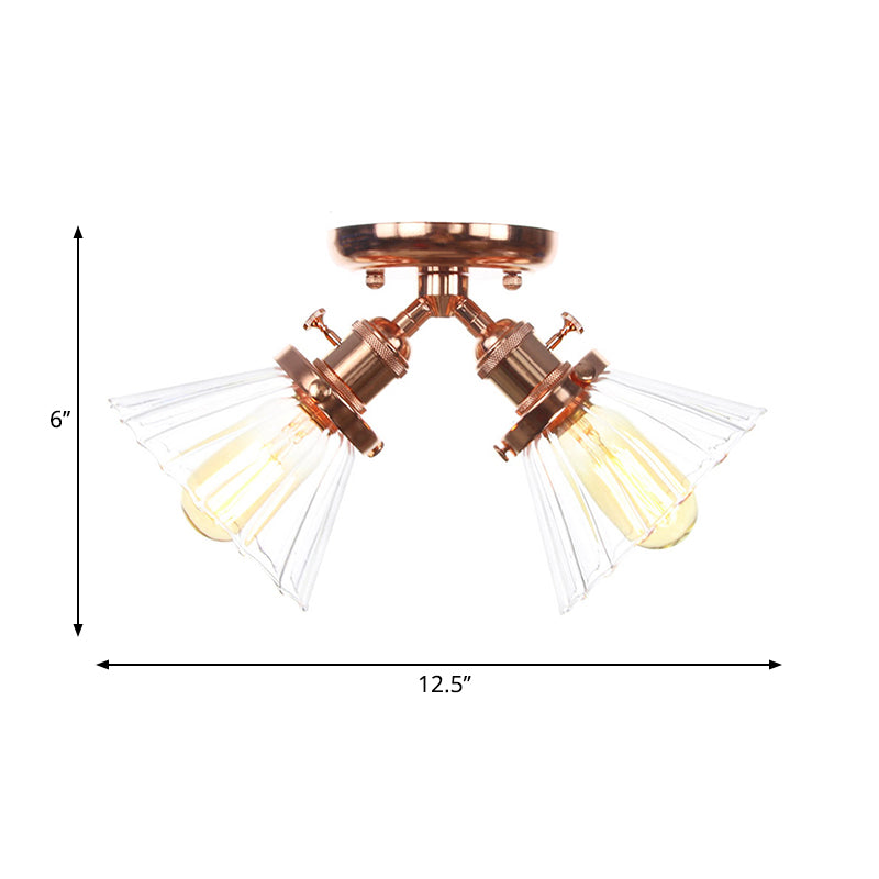 Cone Shade Bedroom Semi Mount Lighting Amber/Clear Glass 2 Heads Industrial Stylish Ceiling Flush Mount in Black/Bronze Clearhalo 'Ceiling Lights' 'Close To Ceiling Lights' 'Close to ceiling' 'Glass shade' 'Glass' 'Pendant Lights' 'Semi-flushmount' Lighting' 258807