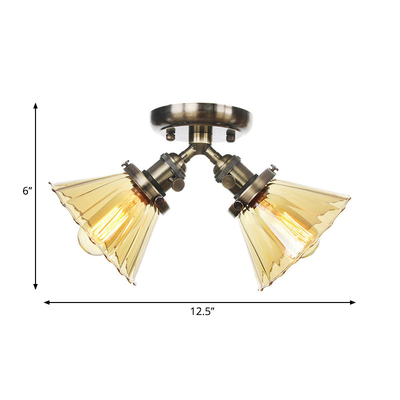 Cone Shade Bedroom Semi Mount Lighting Amber/Clear Glass 2 Heads Industrial Stylish Ceiling Flush Mount in Black/Bronze Clearhalo 'Ceiling Lights' 'Close To Ceiling Lights' 'Close to ceiling' 'Glass shade' 'Glass' 'Pendant Lights' 'Semi-flushmount' Lighting' 258808