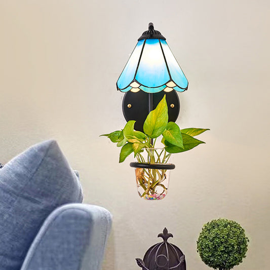 1 Heads Wall Mounted Light Tiffany Flower Blue/White Glass Sconce Light Fixture with Plant Decoration Blue Clearhalo 'Industrial' 'Middle century wall lights' 'Tiffany wall lights' 'Tiffany' 'Wall Lamps & Sconces' 'Wall Lights' Lighting' 25880