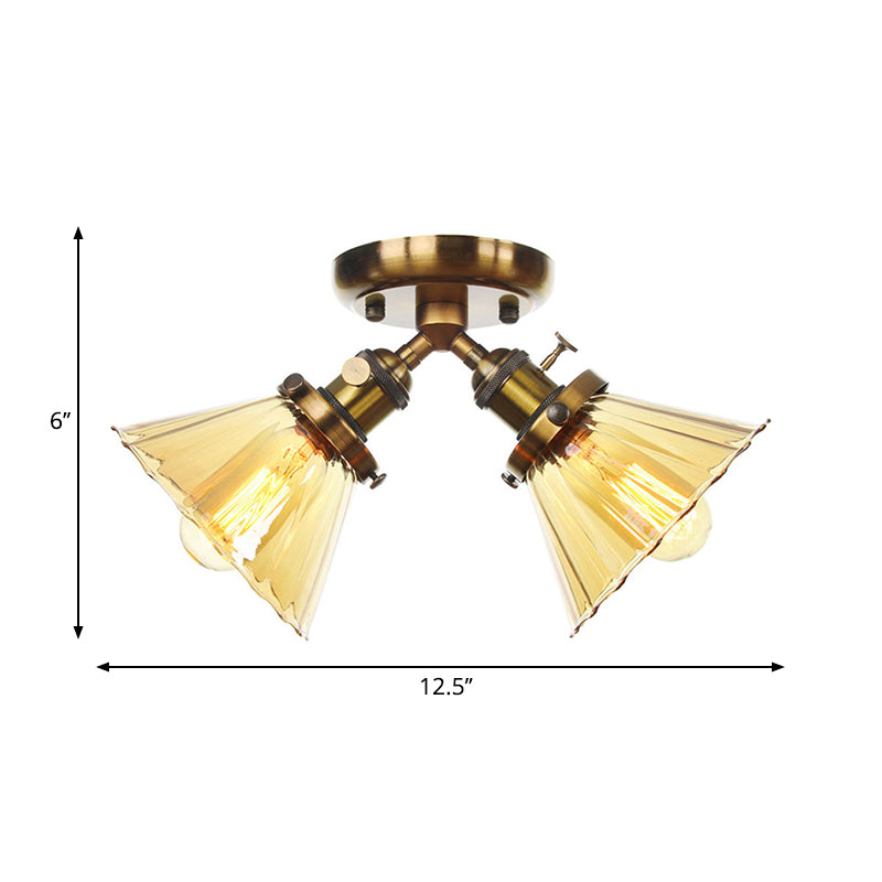 Cone Shade Bedroom Semi Mount Lighting Amber/Clear Glass 2 Heads Industrial Stylish Ceiling Flush Mount in Black/Bronze Clearhalo 'Ceiling Lights' 'Close To Ceiling Lights' 'Close to ceiling' 'Glass shade' 'Glass' 'Pendant Lights' 'Semi-flushmount' Lighting' 258810
