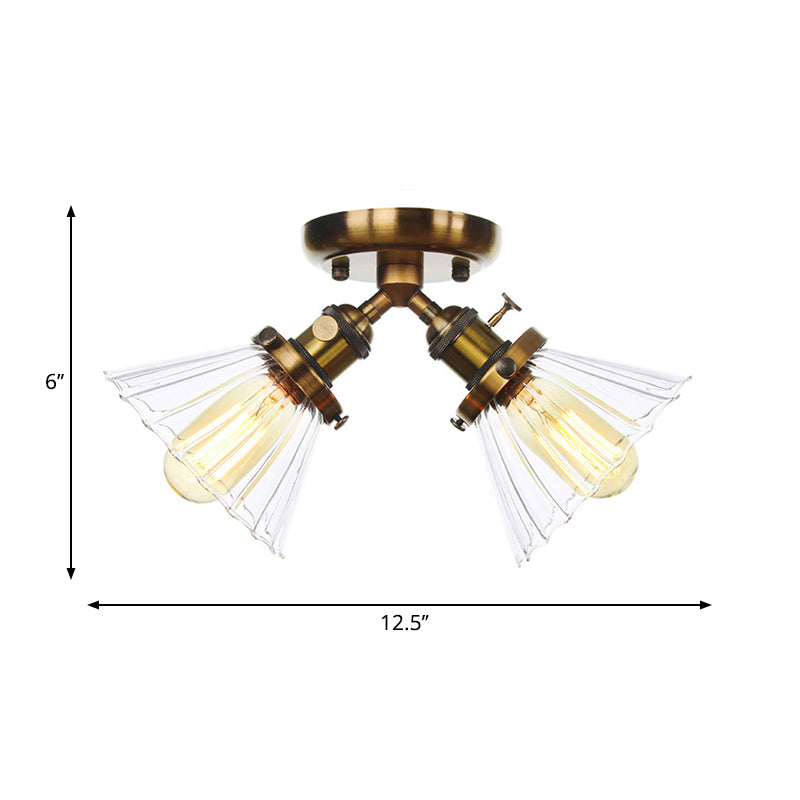 Cone Shade Bedroom Semi Mount Lighting Amber/Clear Glass 2 Heads Industrial Stylish Ceiling Flush Mount in Black/Bronze Clearhalo 'Ceiling Lights' 'Close To Ceiling Lights' 'Close to ceiling' 'Glass shade' 'Glass' 'Pendant Lights' 'Semi-flushmount' Lighting' 258811