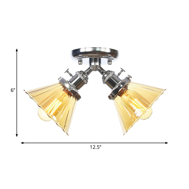 Cone Shade Bedroom Semi Mount Lighting Amber/Clear Glass 2 Heads Industrial Stylish Ceiling Flush Mount in Black/Bronze Clearhalo 'Ceiling Lights' 'Close To Ceiling Lights' 'Close to ceiling' 'Glass shade' 'Glass' 'Pendant Lights' 'Semi-flushmount' Lighting' 258815