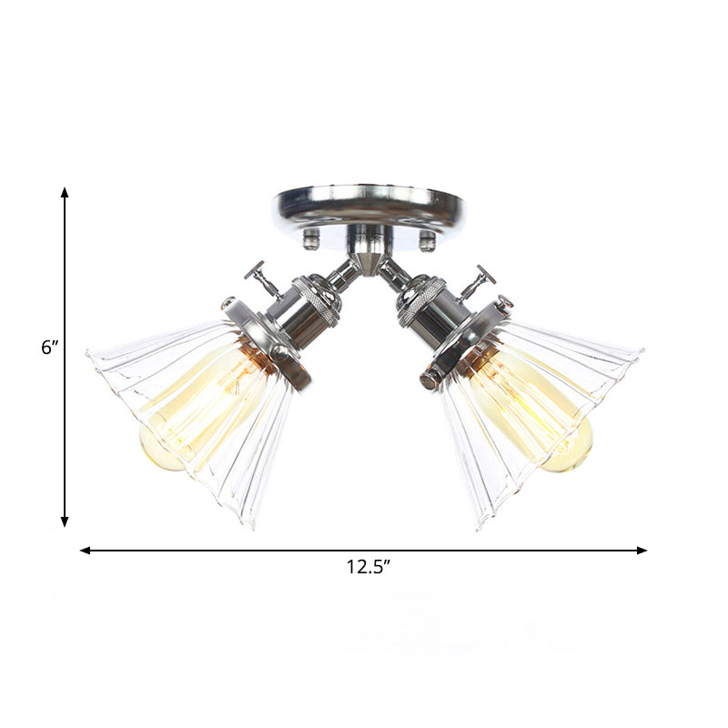 Cone Shade Bedroom Semi Mount Lighting Amber/Clear Glass 2 Heads Industrial Stylish Ceiling Flush Mount in Black/Bronze Clearhalo 'Ceiling Lights' 'Close To Ceiling Lights' 'Close to ceiling' 'Glass shade' 'Glass' 'Pendant Lights' 'Semi-flushmount' Lighting' 258816