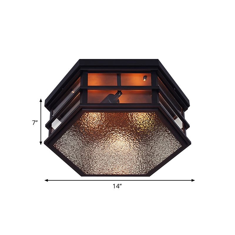 Metal Hexagon Shaped Flush Light Farmhouse 2/3 Lights Black Ceiling Flush Mount with Frosted Glass Diffuser, 14"/17" W Clearhalo 'Ceiling Lights' 'Close To Ceiling Lights' 'Close to ceiling' 'Flush mount' 'Industrial Flush Mount' Lighting' 258817