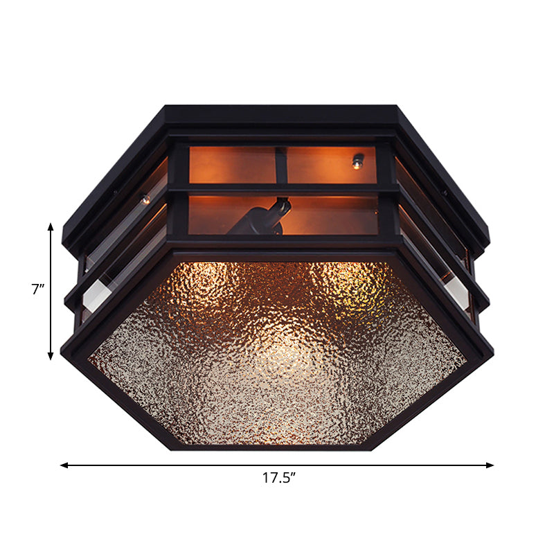 Metal Hexagon Shaped Flush Light Farmhouse 2/3 Lights Black Ceiling Flush Mount with Frosted Glass Diffuser, 14"/17" W Clearhalo 'Ceiling Lights' 'Close To Ceiling Lights' 'Close to ceiling' 'Flush mount' 'Industrial Flush Mount' Lighting' 258818