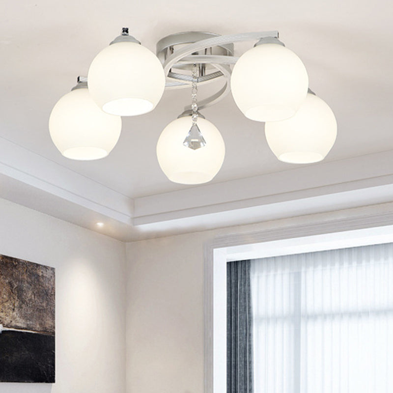 Spherical Semi Flush Mount Ceiling Light Modernist White Glass Ceiling Light Fixture for Bedroom 5 White Globe Clearhalo 'Ceiling Lights' 'Close To Ceiling Lights' 'Close to ceiling' 'Semi-flushmount' Lighting' 2588404
