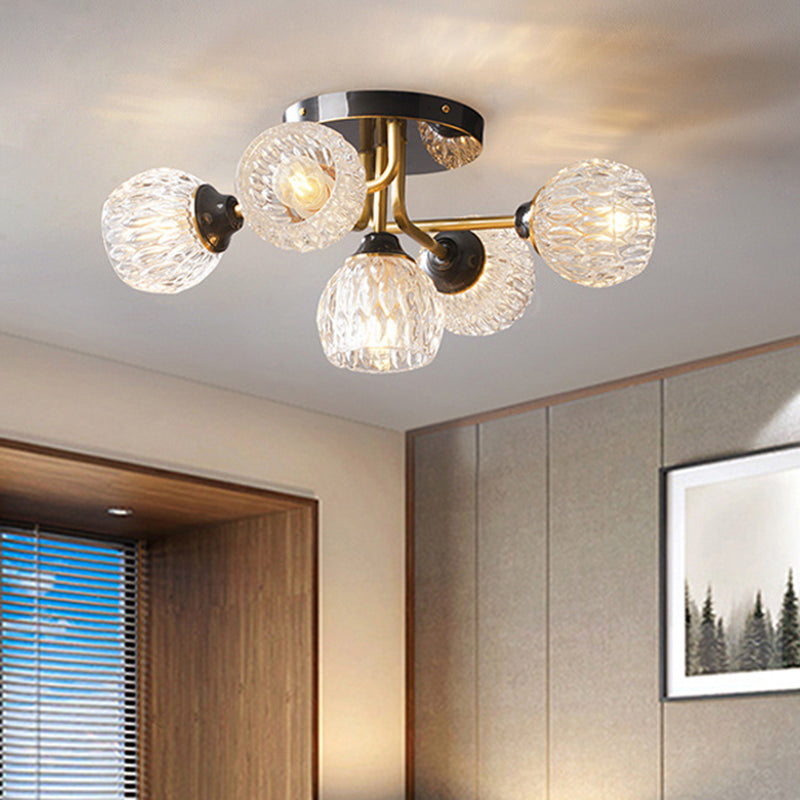 Bowl Semi Flush Chandelier Ultra-Contemporary 5 Lights Ribbed Glass Ceiling Light Fixtures for Bedroom Clearhalo 'Ceiling Lights' 'Close To Ceiling Lights' 'Close to ceiling' 'Semi-flushmount' Lighting' 2588526