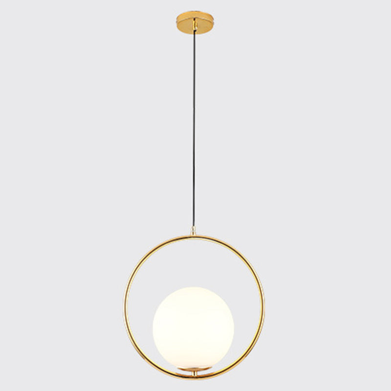 Mid-Century Design Globe Hanging Lamp Opal Frosted Glass Shade 1 Light Pendant Light Gold 14" Clearhalo 'Ceiling Lights' 'Modern Pendants' 'Modern' 'Pendant Lights' 'Pendants' Lighting' 2588554