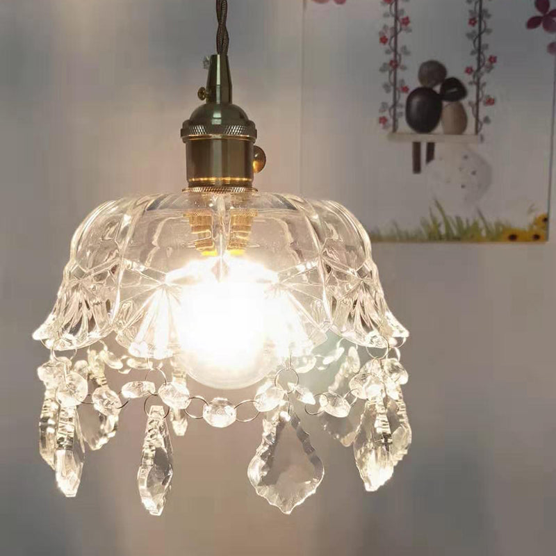 Flower Shape Shade Ceiling Pendant Lamp Vintage 1 Light Clear Glass Hanging Light with Crystal Pendant Clearhalo 'Ceiling Lights' 'Glass shade' 'Glass' 'Industrial Pendants' 'Industrial' 'Middle Century Pendants' 'Pendant Lights' 'Pendants' 'Tiffany' Lighting' 2588615