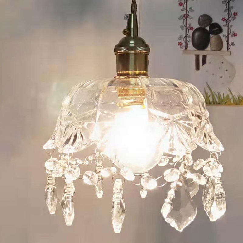 Flower Shape Shade Ceiling Pendant Lamp Vintage 1 Light Clear Glass Hanging Light with Crystal Pendant Clearhalo 'Ceiling Lights' 'Glass shade' 'Glass' 'Industrial Pendants' 'Industrial' 'Middle Century Pendants' 'Pendant Lights' 'Pendants' 'Tiffany' Lighting' 2588617