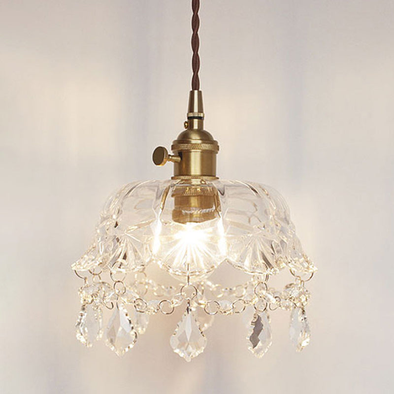 Flower Shape Shade Ceiling Pendant Lamp Vintage 1 Light Clear Glass Hanging Light with Crystal Pendant Clearhalo 'Ceiling Lights' 'Glass shade' 'Glass' 'Industrial Pendants' 'Industrial' 'Middle Century Pendants' 'Pendant Lights' 'Pendants' 'Tiffany' Lighting' 2588618