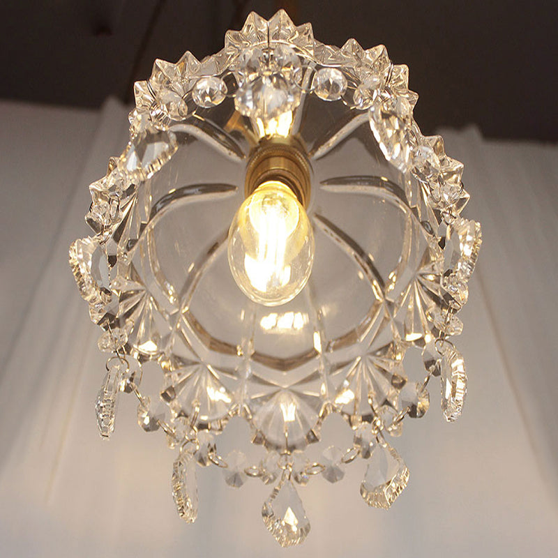 Flower Shape Shade Ceiling Pendant Lamp Vintage 1 Light Clear Glass Hanging Light with Crystal Pendant Clearhalo 'Ceiling Lights' 'Glass shade' 'Glass' 'Industrial Pendants' 'Industrial' 'Middle Century Pendants' 'Pendant Lights' 'Pendants' 'Tiffany' Lighting' 2588619