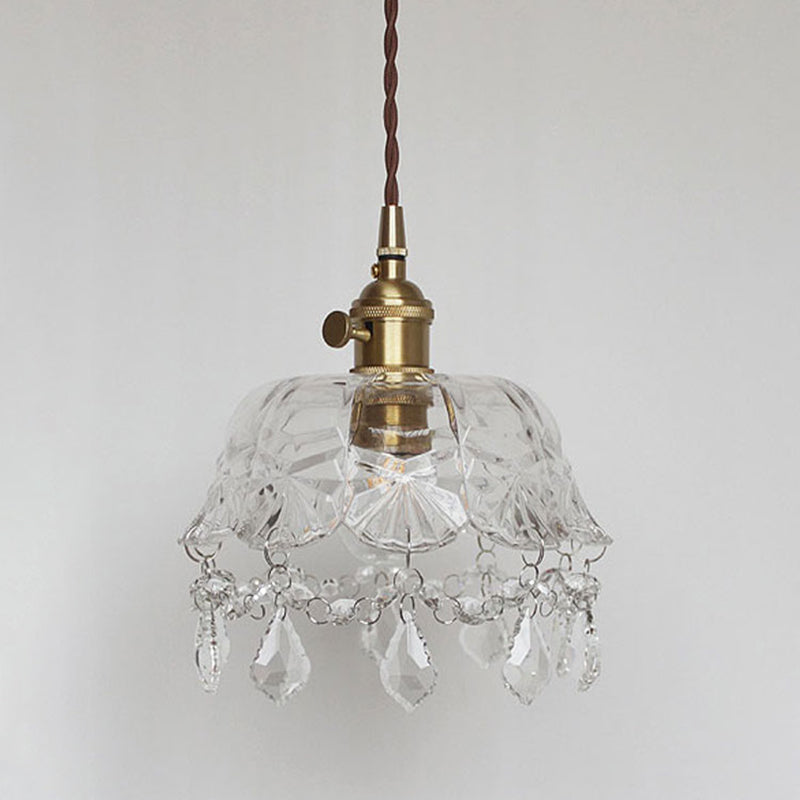 Flower Shape Shade Ceiling Pendant Lamp Vintage 1 Light Clear Glass Hanging Light with Crystal Pendant Clearhalo 'Ceiling Lights' 'Glass shade' 'Glass' 'Industrial Pendants' 'Industrial' 'Middle Century Pendants' 'Pendant Lights' 'Pendants' 'Tiffany' Lighting' 2588620