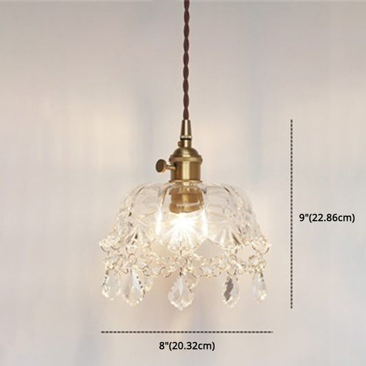 Flower Shape Shade Ceiling Pendant Lamp Vintage 1 Light Clear Glass Hanging Light with Crystal Pendant Clearhalo 'Ceiling Lights' 'Glass shade' 'Glass' 'Industrial Pendants' 'Industrial' 'Middle Century Pendants' 'Pendant Lights' 'Pendants' 'Tiffany' Lighting' 2588621