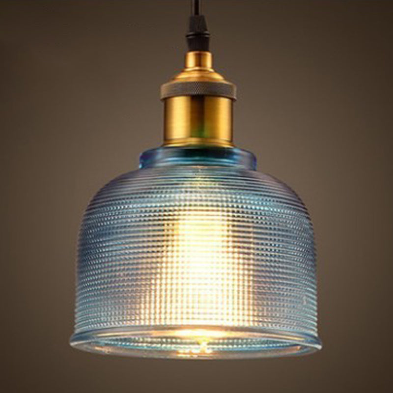 1 Light Bell Pendant Lamp Vintage Industrial Ribbed Glass Hanging Lamp for Dining Room Table Blue Clearhalo 'Ceiling Lights' 'Glass shade' 'Glass' 'Industrial Pendants' 'Industrial' 'Middle Century Pendants' 'Pendant Lights' 'Pendants' 'Tiffany' Lighting' 2588644