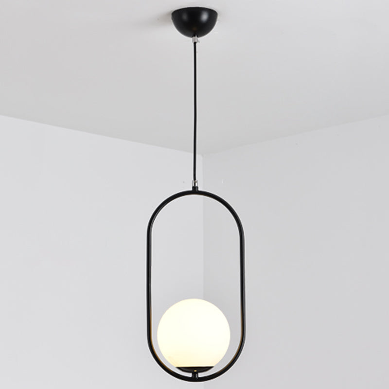 Mid-Century Design Globe Hanging Lamp White Glass Shade Pendant Light with Metal Ring Black 16" Clearhalo 'Ceiling Lights' 'Modern Pendants' 'Modern' 'Pendant Lights' 'Pendants' Lighting' 2588691