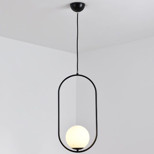 Mid-Century Design Globe Hanging Lamp White Glass Shade Pendant Light with Metal Ring Black 19.5" Clearhalo 'Ceiling Lights' 'Modern Pendants' 'Modern' 'Pendant Lights' 'Pendants' Lighting' 2588693