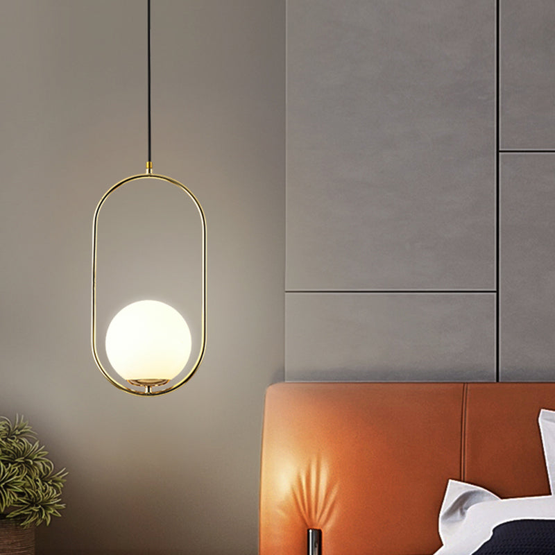 Mid-Century Design Globe Hanging Lamp White Glass Shade Pendant Light with Metal Ring Clearhalo 'Ceiling Lights' 'Modern Pendants' 'Modern' 'Pendant Lights' 'Pendants' Lighting' 2588694