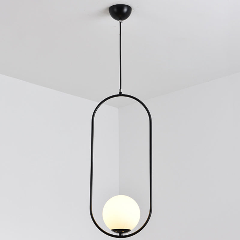 Mid-Century Design Globe Hanging Lamp White Glass Shade Pendant Light with Metal Ring Black 23.5" Clearhalo 'Ceiling Lights' 'Modern Pendants' 'Modern' 'Pendant Lights' 'Pendants' Lighting' 2588695