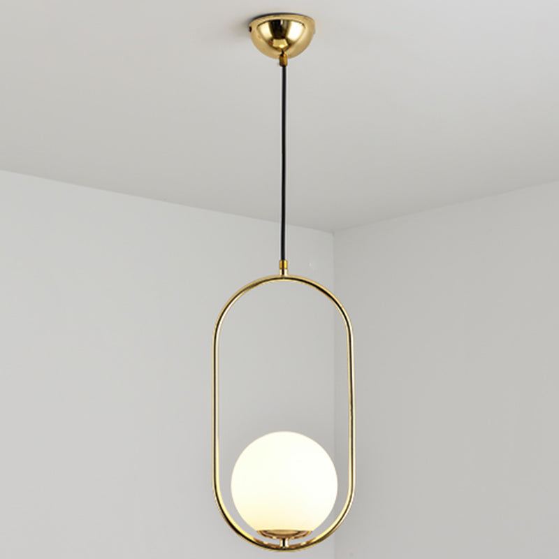 Mid-Century Design Globe Hanging Lamp White Glass Shade Pendant Light with Metal Ring Gold 16" Clearhalo 'Ceiling Lights' 'Modern Pendants' 'Modern' 'Pendant Lights' 'Pendants' Lighting' 2588696