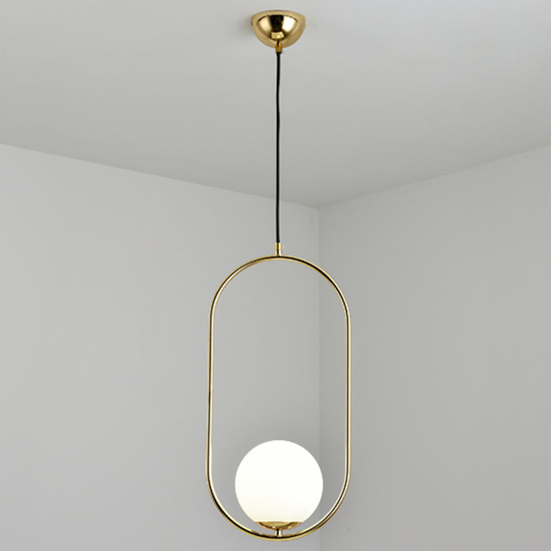 Mid-Century Design Globe Hanging Lamp White Glass Shade Pendant Light with Metal Ring Gold 19.5" Clearhalo 'Ceiling Lights' 'Modern Pendants' 'Modern' 'Pendant Lights' 'Pendants' Lighting' 2588698