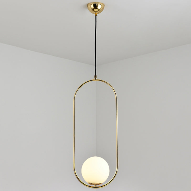 Mid-Century Design Globe Hanging Lamp White Glass Shade Pendant Light with Metal Ring Gold 23.5" Clearhalo 'Ceiling Lights' 'Modern Pendants' 'Modern' 'Pendant Lights' 'Pendants' Lighting' 2588700