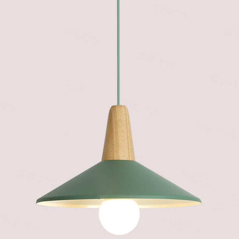 Metal 1 Light Hanging Light Nordic Style Restaurant Ceiling Pendant Lamp with Wooden Top Green 13" Clearhalo 'Ceiling Lights' 'Modern Pendants' 'Modern' 'Pendant Lights' 'Pendants' Lighting' 2588796