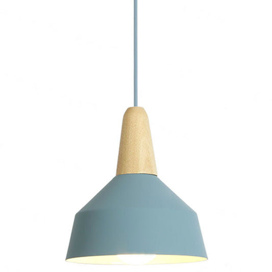 Metal 1 Light Hanging Light Nordic Style Restaurant Ceiling Pendant Lamp with Wooden Top Blue 9" Clearhalo 'Ceiling Lights' 'Modern Pendants' 'Modern' 'Pendant Lights' 'Pendants' Lighting' 2588809