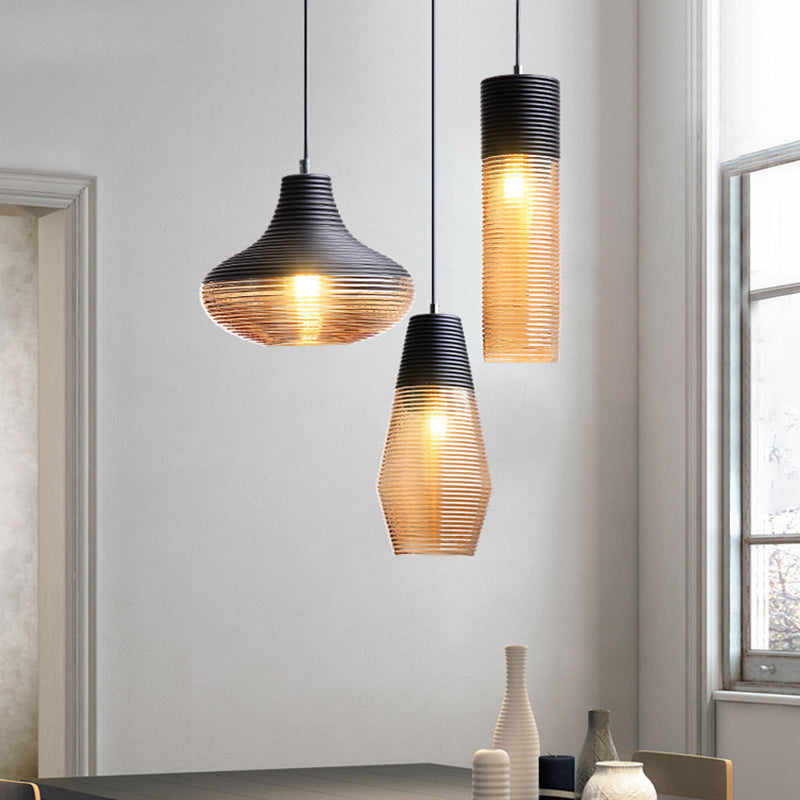 1 Light Pendant Light Modern Ribbed Glass Shade Metal Hanging Lamp in Black Clearhalo 'Ceiling Lights' 'Glass shade' 'Glass' 'Modern Pendants' 'Modern' 'Pendant Lights' 'Pendants' Lighting' 2588830