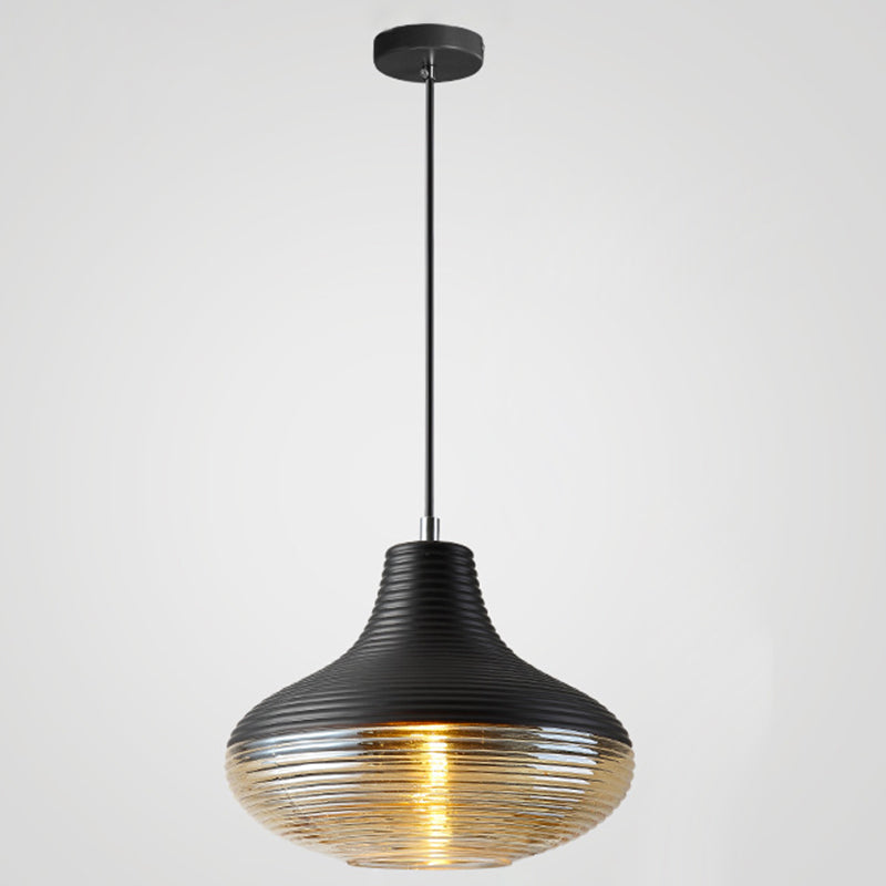 1 Light Pendant Light Modern Ribbed Glass Shade Metal Hanging Lamp in Black Black 10.5" Clearhalo 'Ceiling Lights' 'Glass shade' 'Glass' 'Modern Pendants' 'Modern' 'Pendant Lights' 'Pendants' Lighting' 2588831