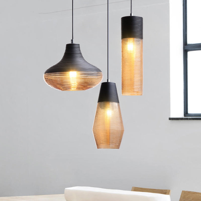 1 Light Pendant Light Modern Ribbed Glass Shade Metal Hanging Lamp in Black Clearhalo 'Ceiling Lights' 'Glass shade' 'Glass' 'Modern Pendants' 'Modern' 'Pendant Lights' 'Pendants' Lighting' 2588833