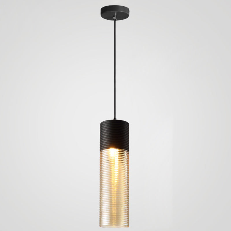 1 Light Pendant Light Modern Ribbed Glass Shade Metal Hanging Lamp in Black Black 4" Clearhalo 'Ceiling Lights' 'Glass shade' 'Glass' 'Modern Pendants' 'Modern' 'Pendant Lights' 'Pendants' Lighting' 2588834