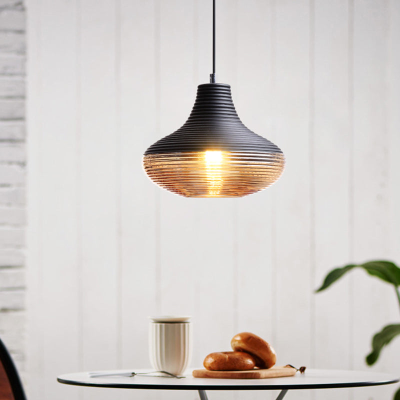 1 Light Pendant Light Modern Ribbed Glass Shade Metal Hanging Lamp in Black Clearhalo 'Ceiling Lights' 'Glass shade' 'Glass' 'Modern Pendants' 'Modern' 'Pendant Lights' 'Pendants' Lighting' 2588835
