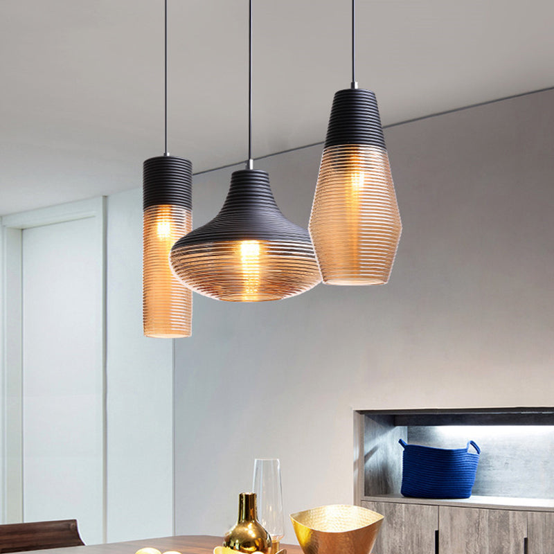 1 Light Pendant Light Modern Ribbed Glass Shade Metal Hanging Lamp in Black Clearhalo 'Ceiling Lights' 'Glass shade' 'Glass' 'Modern Pendants' 'Modern' 'Pendant Lights' 'Pendants' Lighting' 2588836