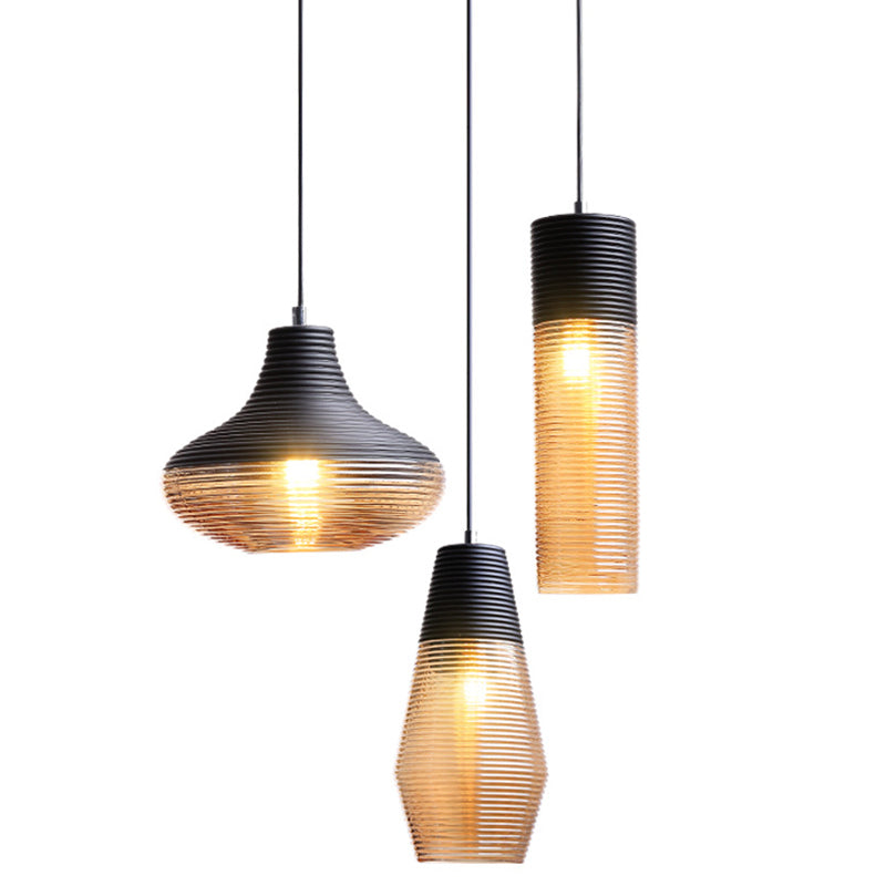 1 Light Pendant Light Modern Ribbed Glass Shade Metal Hanging Lamp in Black Clearhalo 'Ceiling Lights' 'Glass shade' 'Glass' 'Modern Pendants' 'Modern' 'Pendant Lights' 'Pendants' Lighting' 2588837