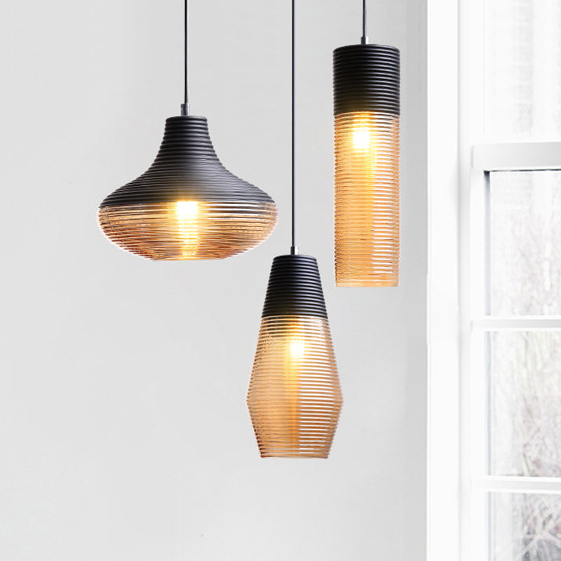 1 Light Pendant Light Modern Ribbed Glass Shade Metal Hanging Lamp in Black Clearhalo 'Ceiling Lights' 'Glass shade' 'Glass' 'Modern Pendants' 'Modern' 'Pendant Lights' 'Pendants' Lighting' 2588838
