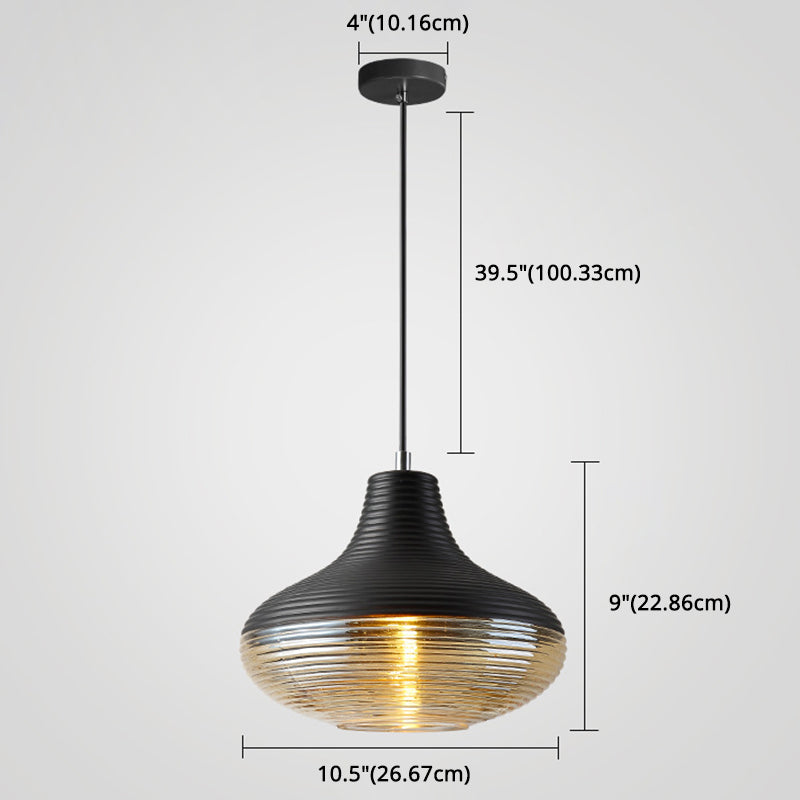 1 Light Pendant Light Modern Ribbed Glass Shade Metal Hanging Lamp in Black Clearhalo 'Ceiling Lights' 'Glass shade' 'Glass' 'Modern Pendants' 'Modern' 'Pendant Lights' 'Pendants' Lighting' 2588840